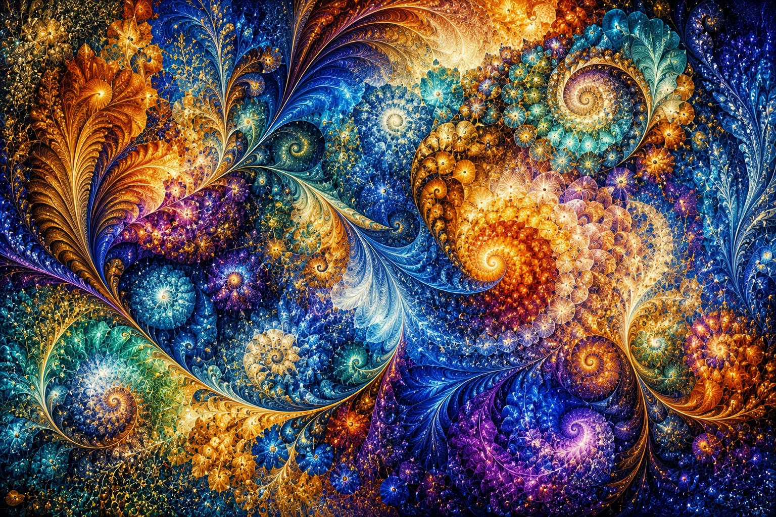 A luminous fractal of blue, gold, teal, and violet spirals