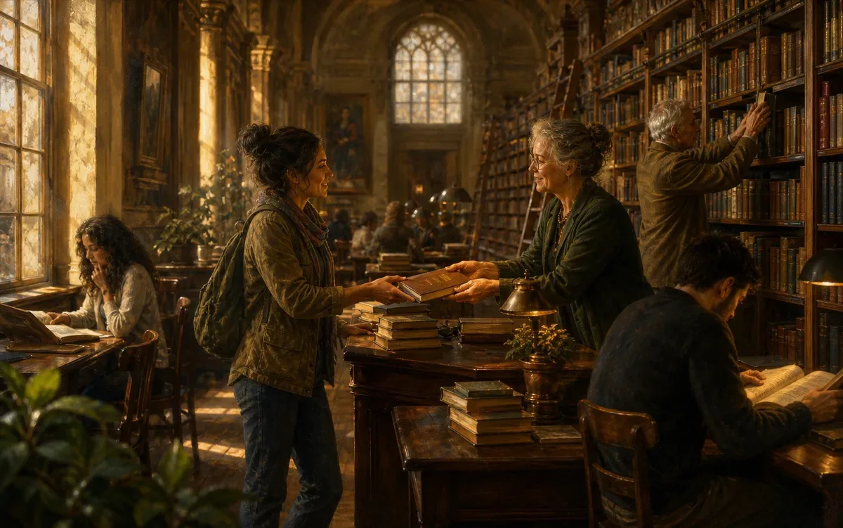 People reading, studying, and sharing books in a welcoming library