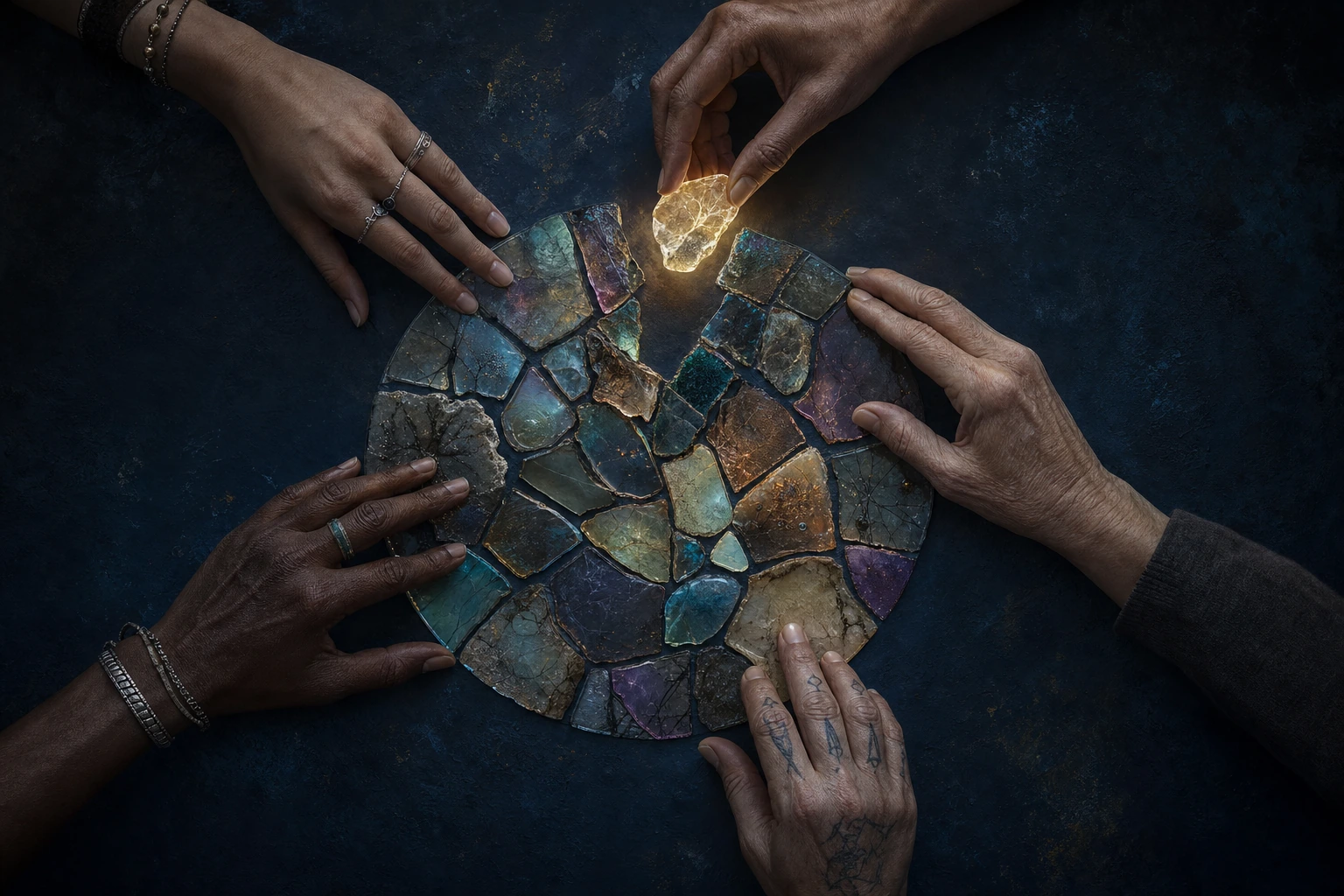 Different hands completing an imperfect shared mosaic