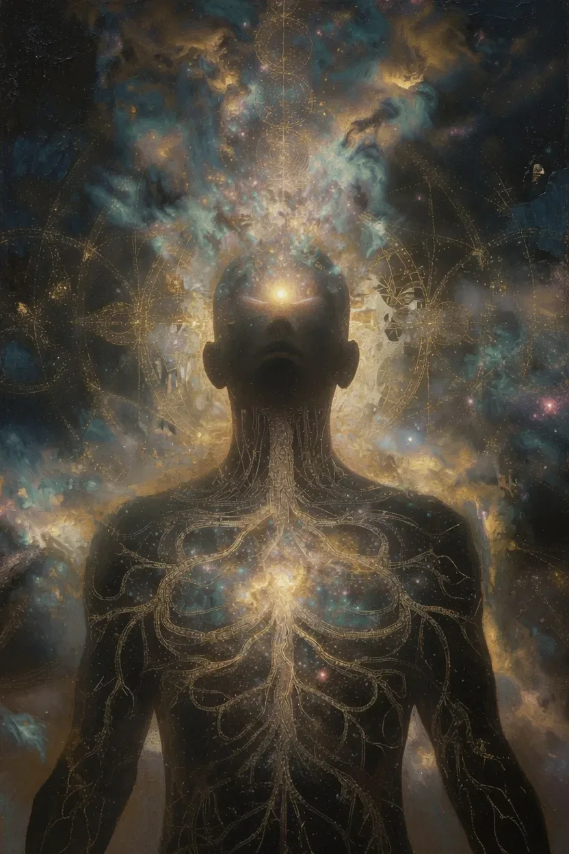 A luminous figure exploring the mystery of consciousness