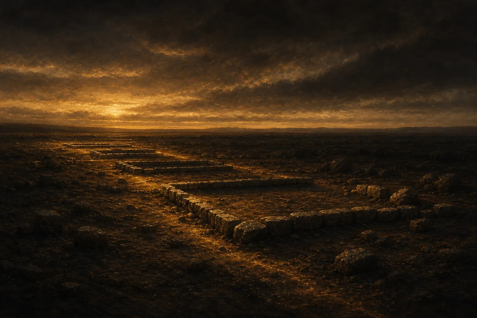 A stone foundation catching golden light at sunset, laid out across open ground