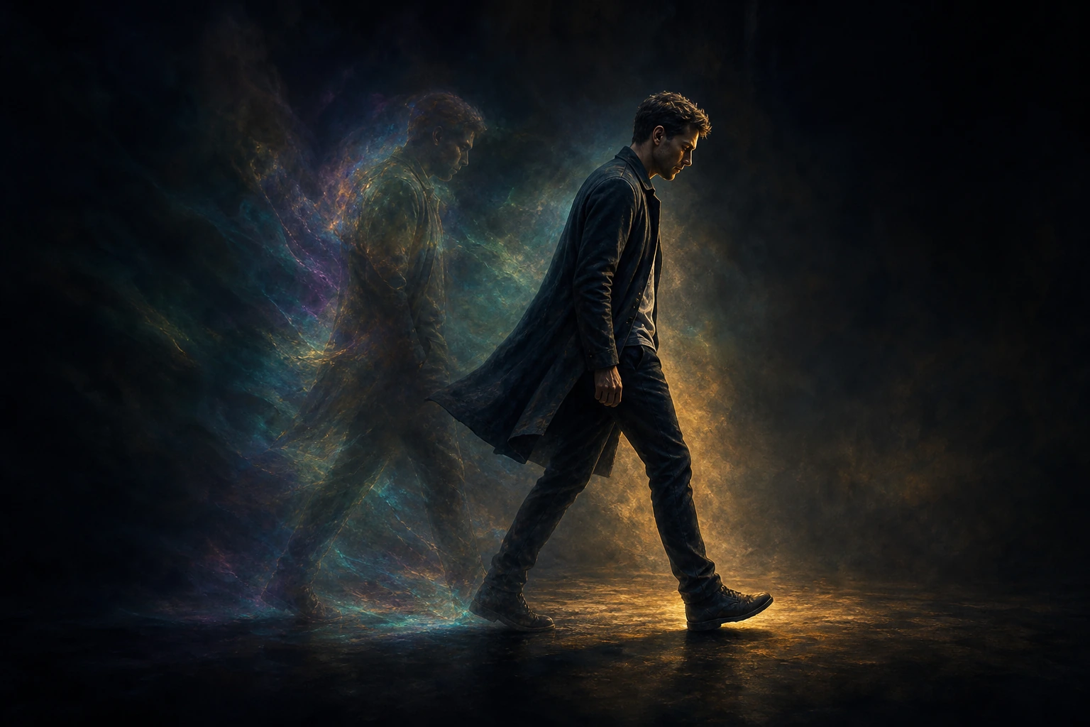 A modern person stepping forward as a luminous afterimage falls behind