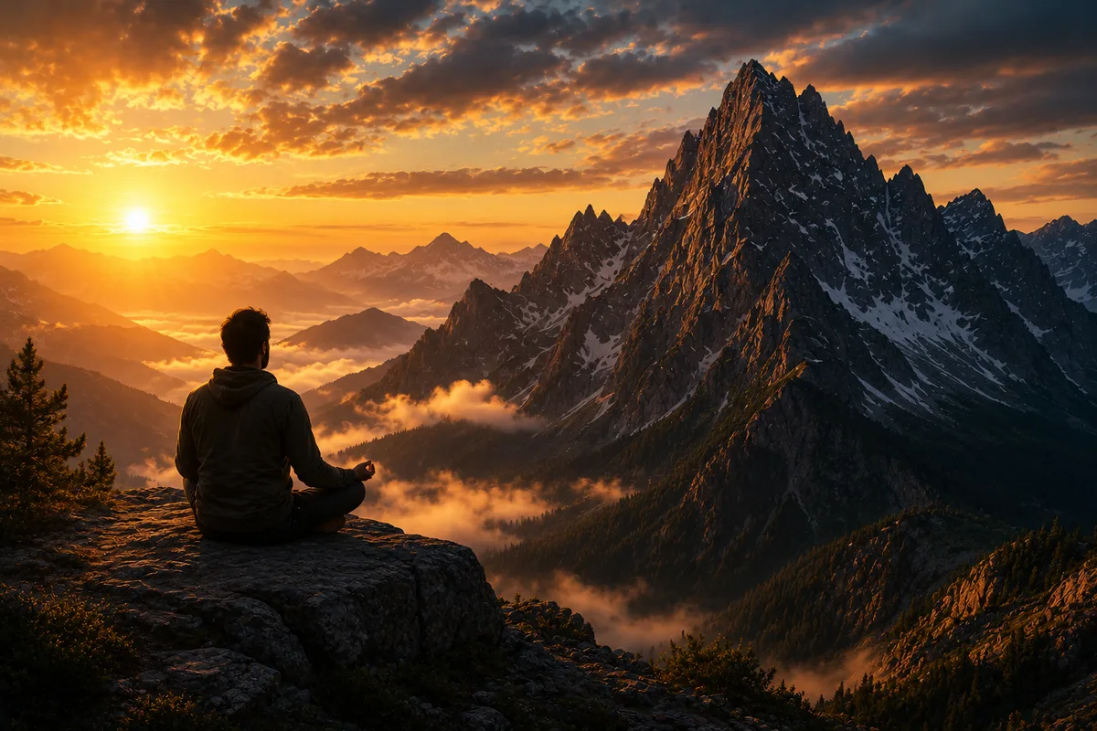 A person reflecting before a sunlit mountain range, symbolizing purpose and inner growth