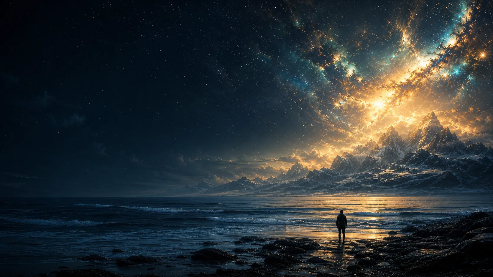 A solitary modern figure facing an ocean, mountains, and a luminous unified sky