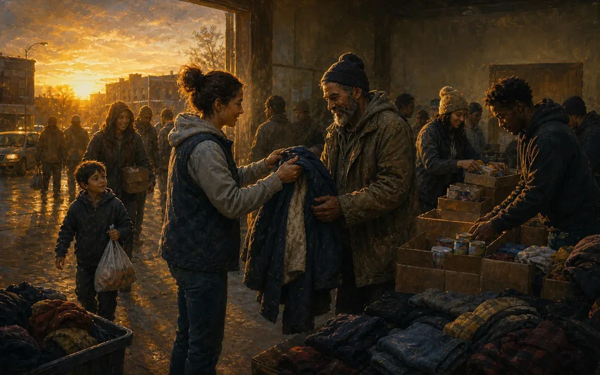 Volunteers distributing warm clothing and supplies in their community