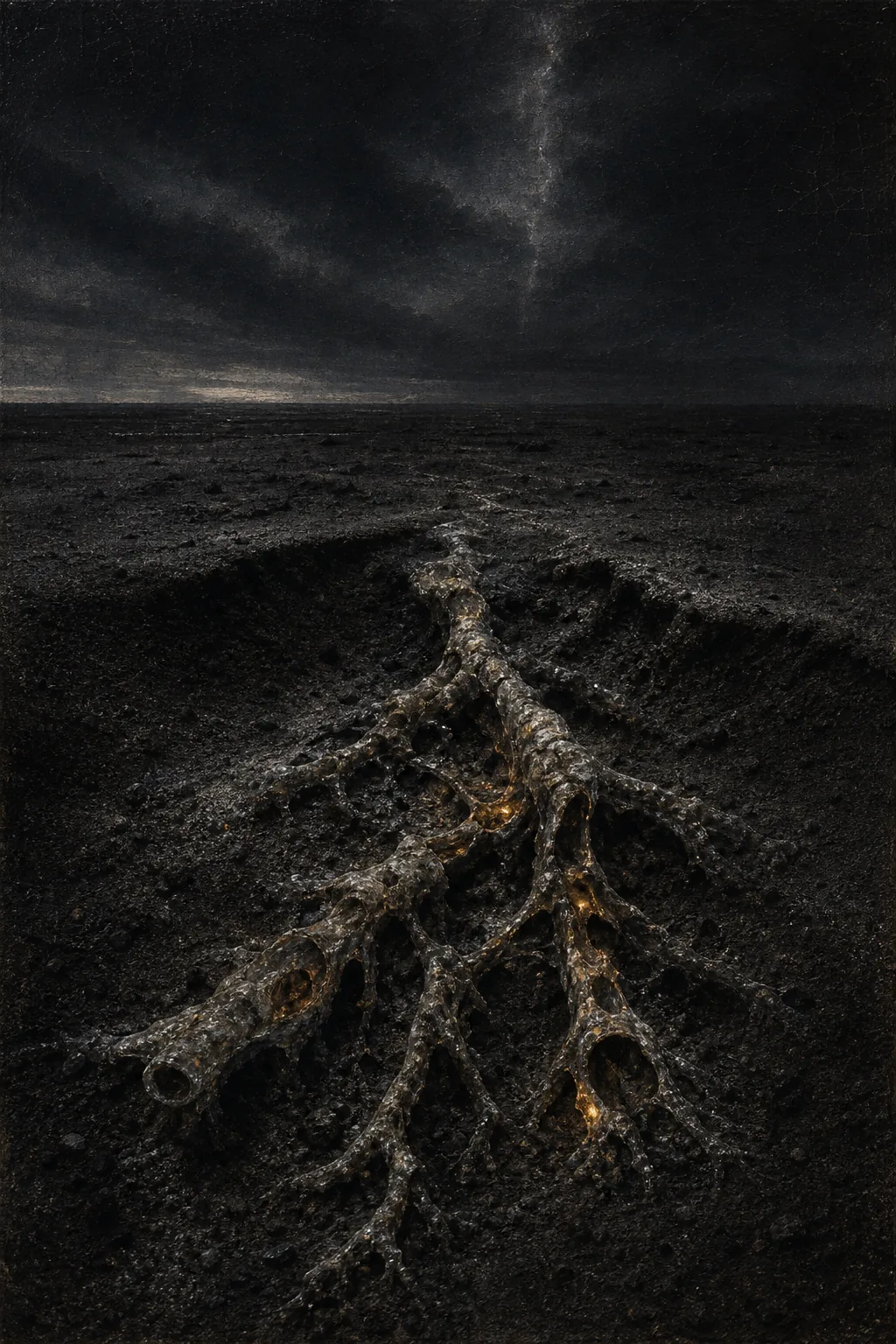 Dark roots threaded with veins of gold, reaching into the earth