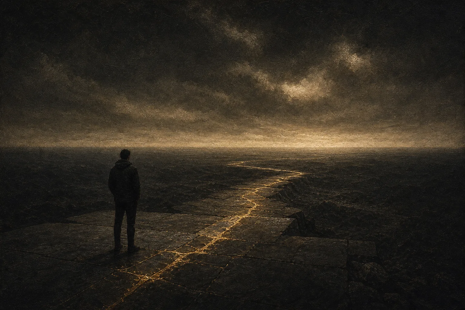 A solitary person following a gold-repaired path through a dark landscape