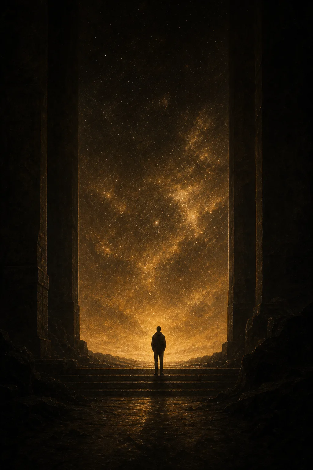 A figure standing at a stone threshold, facing a portal opening onto a starlit cosmos